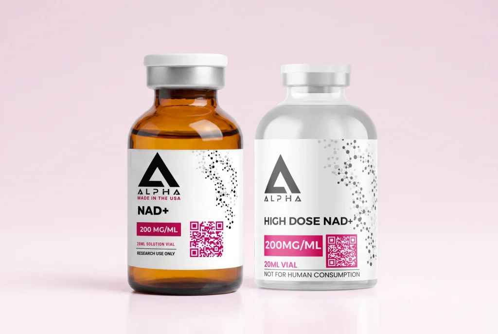 Disguised Alpha NAD+ 200 mg/mL in an amber 20 mL vial beside a clear 20 mL vial