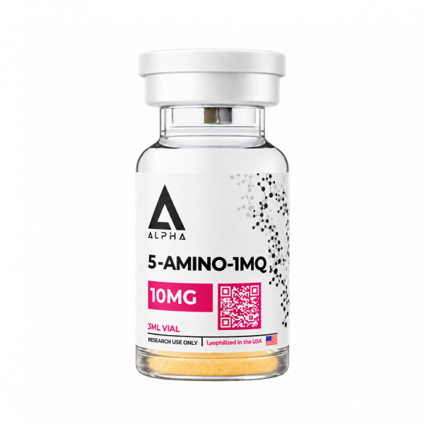 5-AMINO-1MQ 10MG in a 3mL vial with a white cap and US flag.