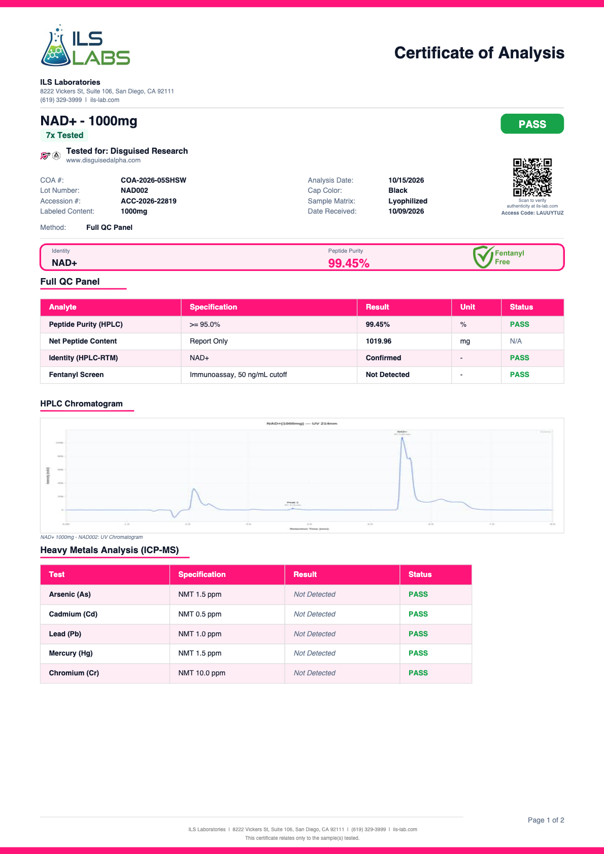 NAD+ (Nicotinamide Adenine Dinucleotide) batch NAD002 certificate of analysis from ILS Laboratories